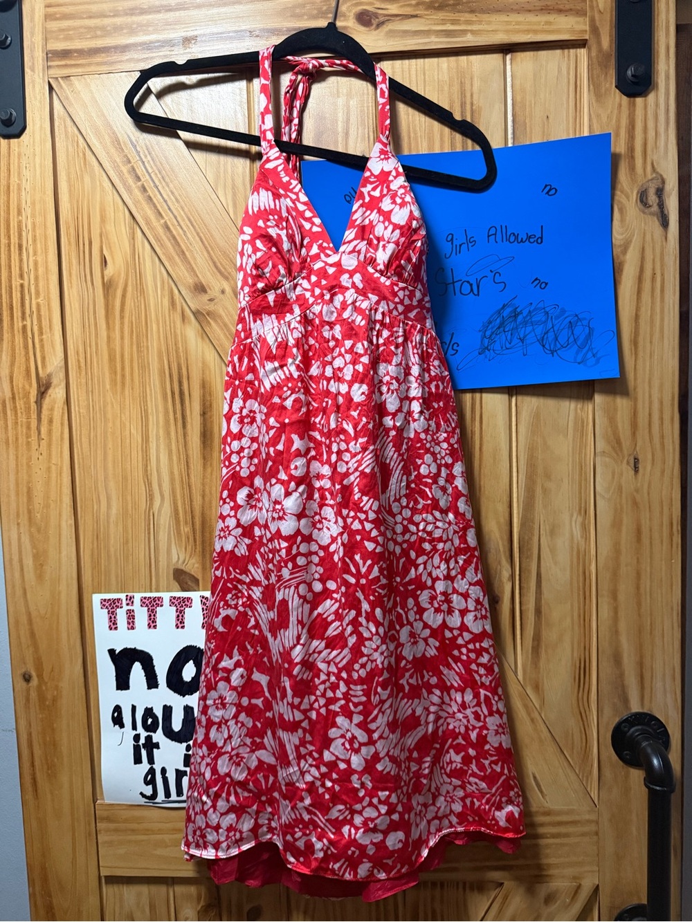 Red Floral Halter Mini Dress with Tie Neck